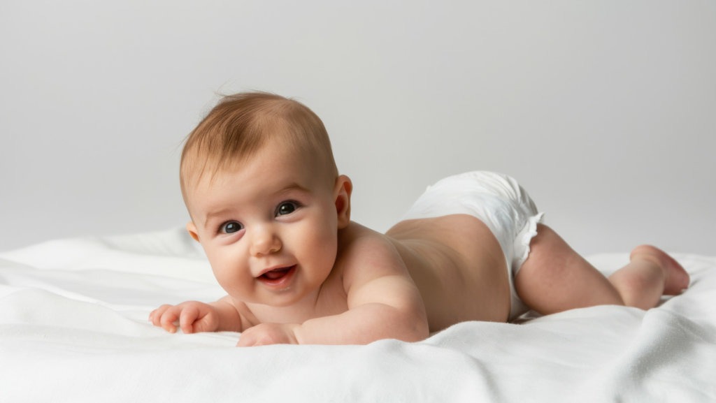 Bebé de fralda deitado de barriga para baixo na cama